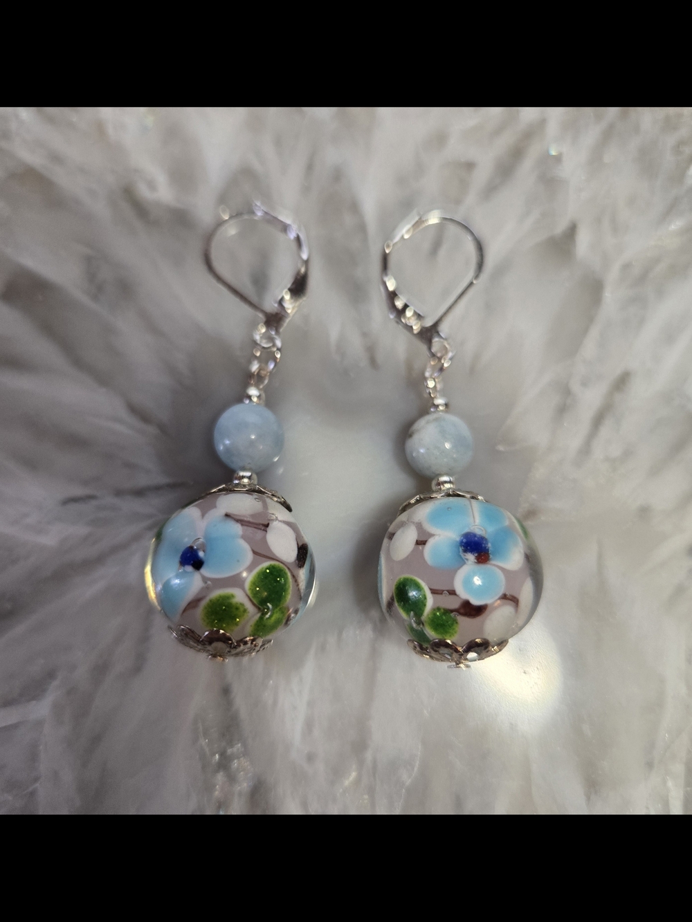 Blue Floral Glass Earrings With Aquamarine Accent Beads